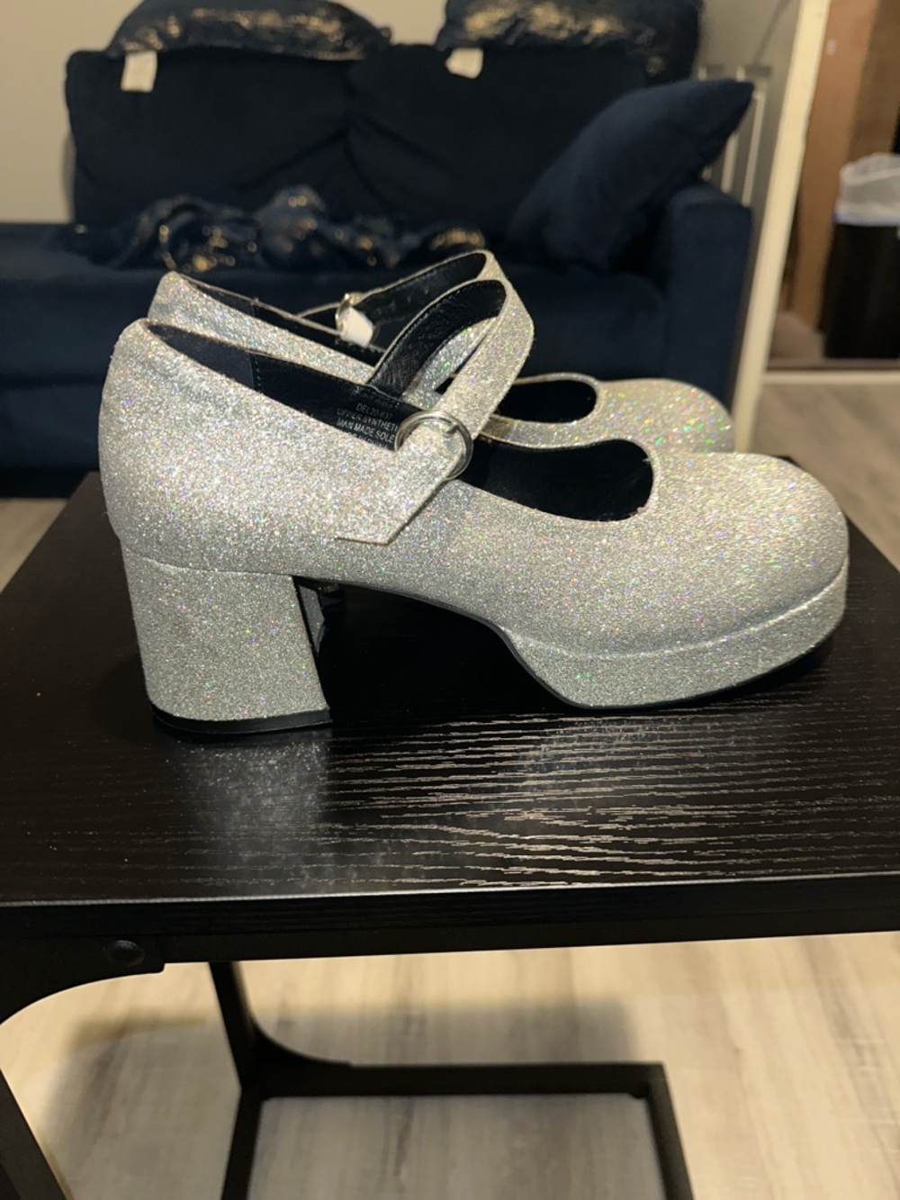 Dolls Kill Silver Glitter Mary Jane Block Heel Pumps